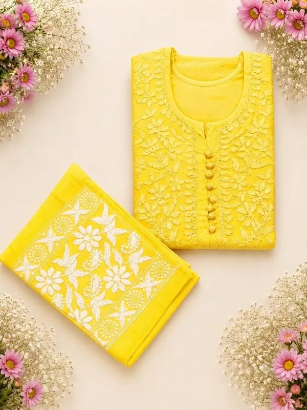 Yellow_Cotton_Chikankari_Kurti_Pant_Set_For_Women