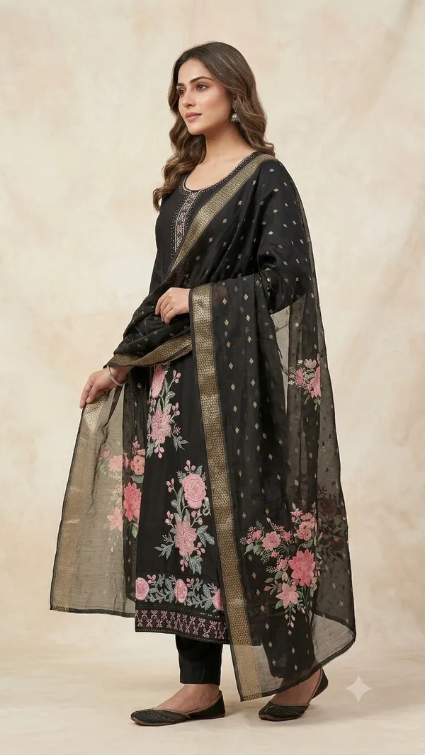 Black_70%_Silk,_30%_Polyester_Embroidered_Straight_Kurta_Set_For_Women