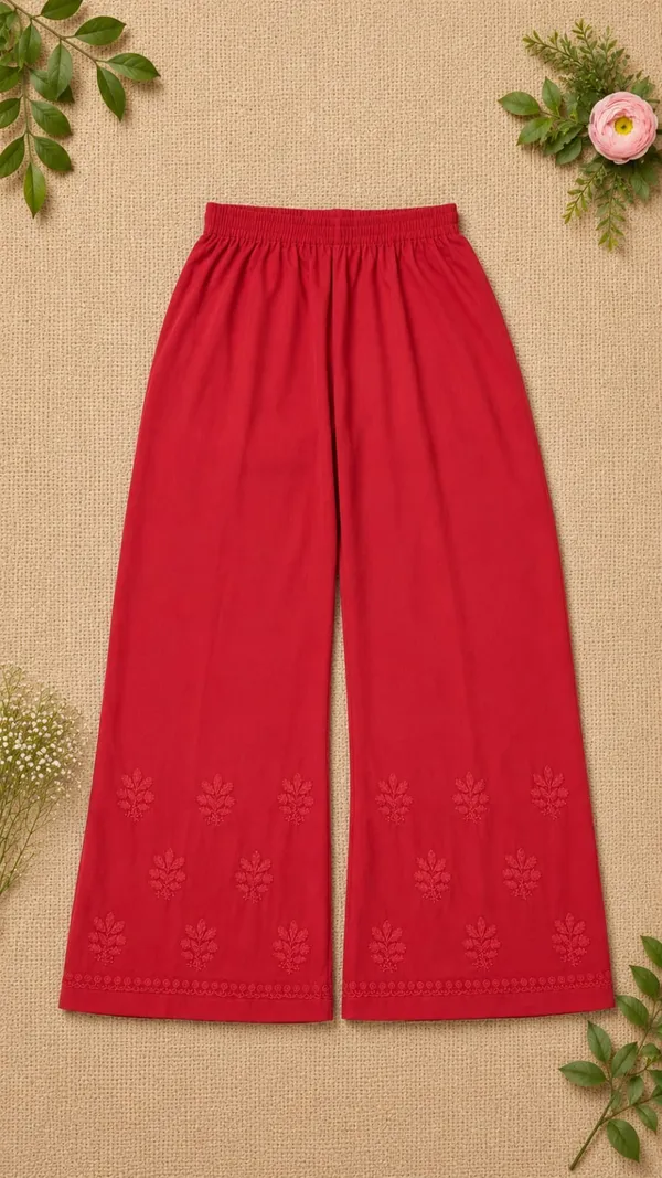 Red_Rayon_Chikankari_Kurta_Palazzo_Set_with_Dupatta_For_Women