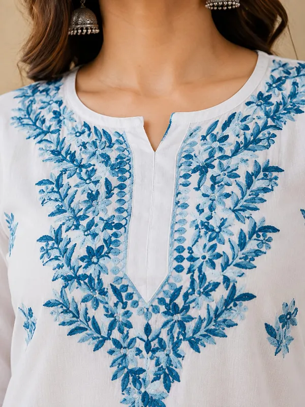 White_And_Blue_Rayon_Chikankari_Kurti_Palazzo_Set_For_Women