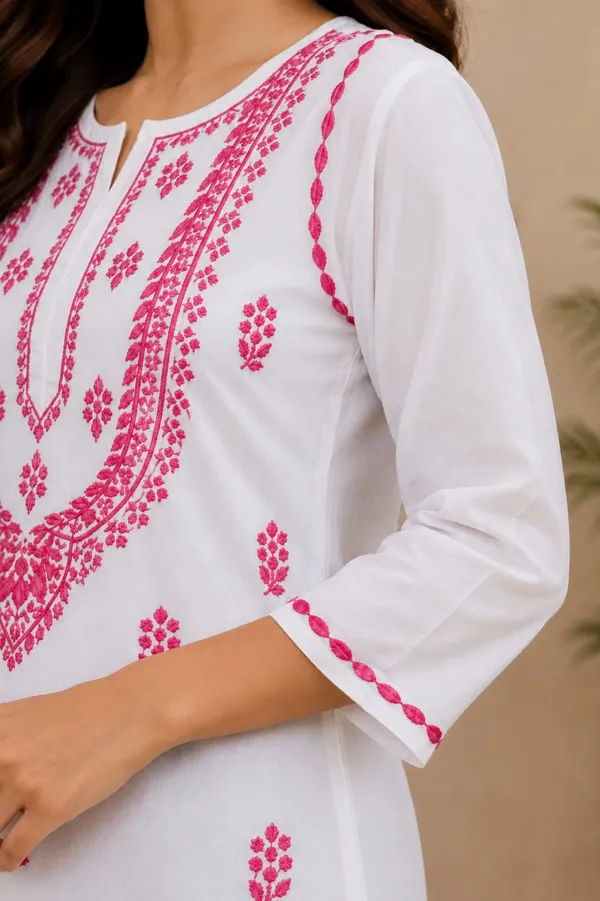 White_And_Pink_Cotton_Chikankari_Kurti_For_Women