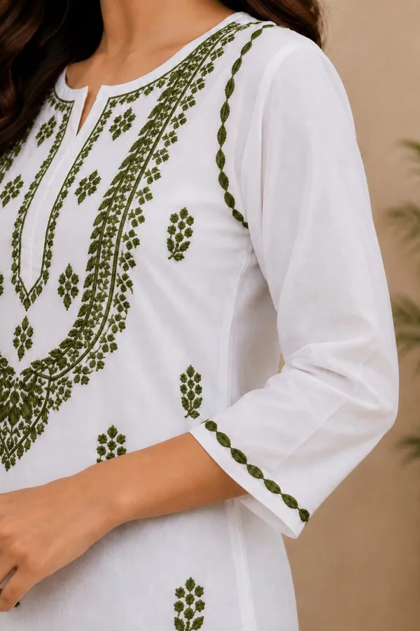 White_And_Green_Cotton_Chikankari_Kurti_For_Women