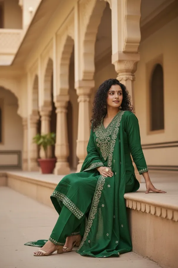 Green_Chanderi_Embroidered_Kurta_Set_with_Potli_Bag_For_Women
