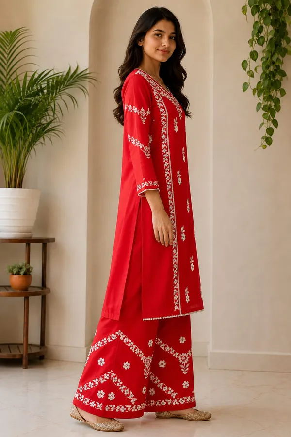 Red_Rayon_Chikankari_Palazzo_Set_For_Women