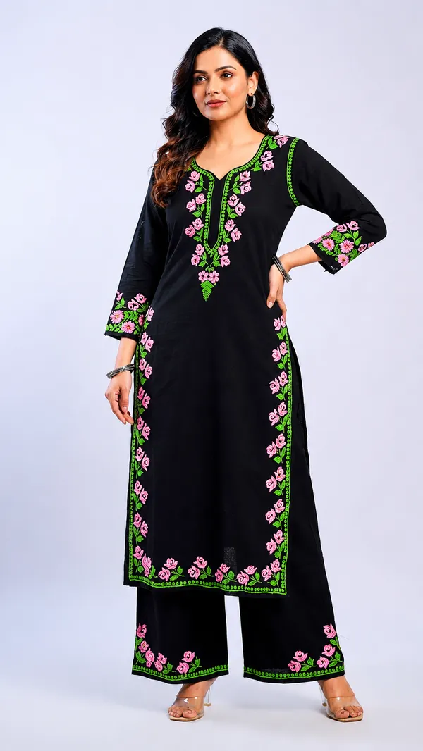 Black_And_Green_Modal_Chikankari_Kurti_Palazzo_Set_For_Women