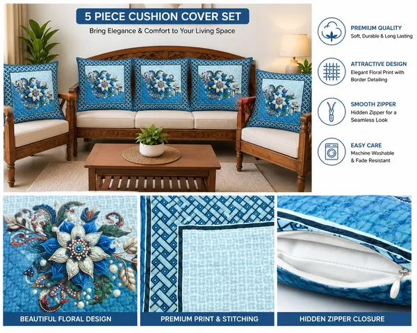 Samstyle_Cushion_Cover_Blue_Flower_Coolt_Pack_Of_5