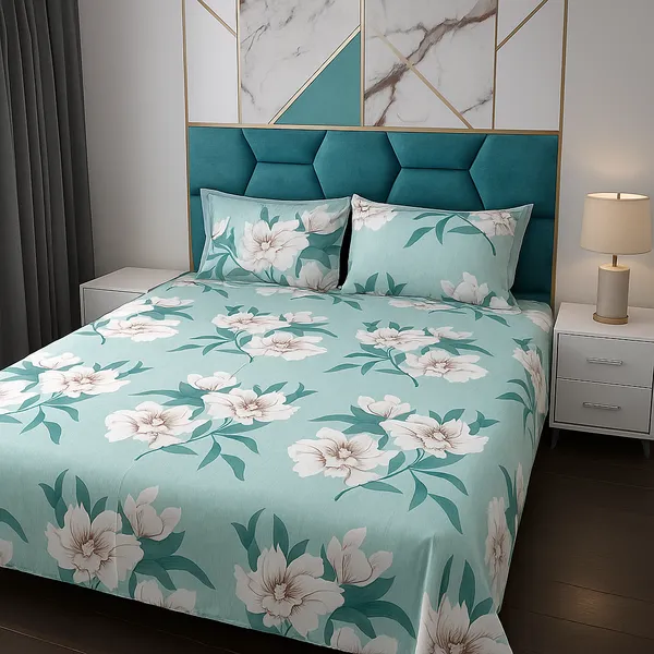 Premium_Elegant_Aqua_Blue_Floral_Double_Bed_Sheet_(90*90)_–_White_Blossom_Print,_Soft_Cotton_Bedding_with_2_Pillow_Covers_(16*26)".