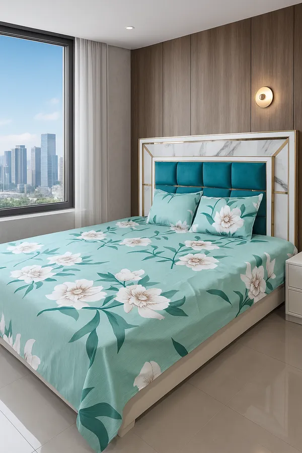 Premium_Elegant_Aqua_Blue_Floral_Double_Bed_Sheet_(90*90)_–_White_Blossom_Print,_Soft_Cotton_Bedding_with_2_Pillow_Covers_(16*26)".