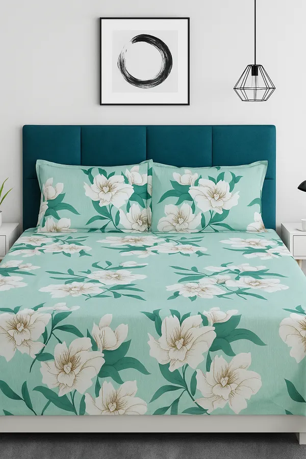 Premium_Elegant_Aqua_Blue_Floral_Double_Bed_Sheet_(90*90)_–_White_Blossom_Print,_Soft_Cotton_Bedding_with_2_Pillow_Covers_(16*26)".