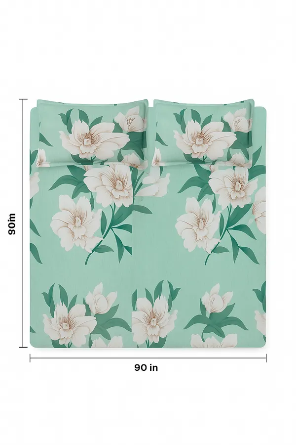 Premium_Elegant_Aqua_Blue_Floral_Double_Bed_Sheet_(90*90)_–_White_Blossom_Print,_Soft_Cotton_Bedding_with_2_Pillow_Covers_(16*26)".