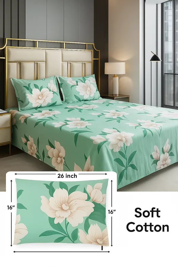 Premium_Elegant_Aqua_Blue_Floral_Double_Bed_Sheet_(90*90)_–_White_Blossom_Print,_Soft_Cotton_Bedding_with_2_Pillow_Covers_(16*26)".