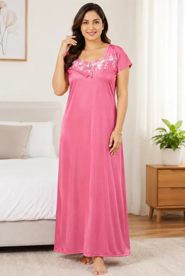 Women’s_Pink_Satin_Nighty_|_Stylish_Lace_Embroidered_Nightdress_with_Bow_|_Short_Sleeve_Sleepwear_for_Women_|_Soft_&_Elegant_Night_Gown