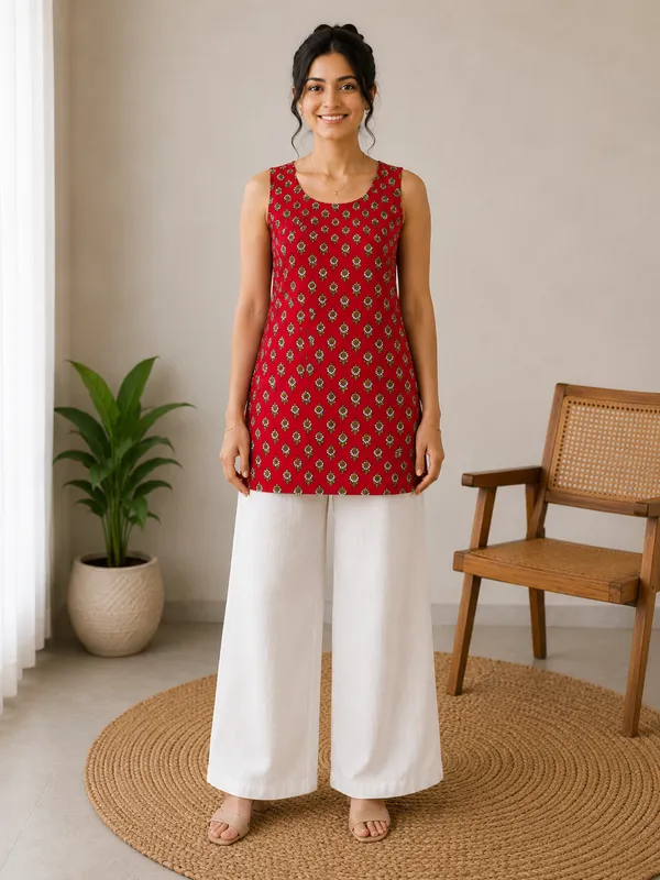 Red_Cotton_Printed_Sleeveless_Straight_Kurti_For_Women