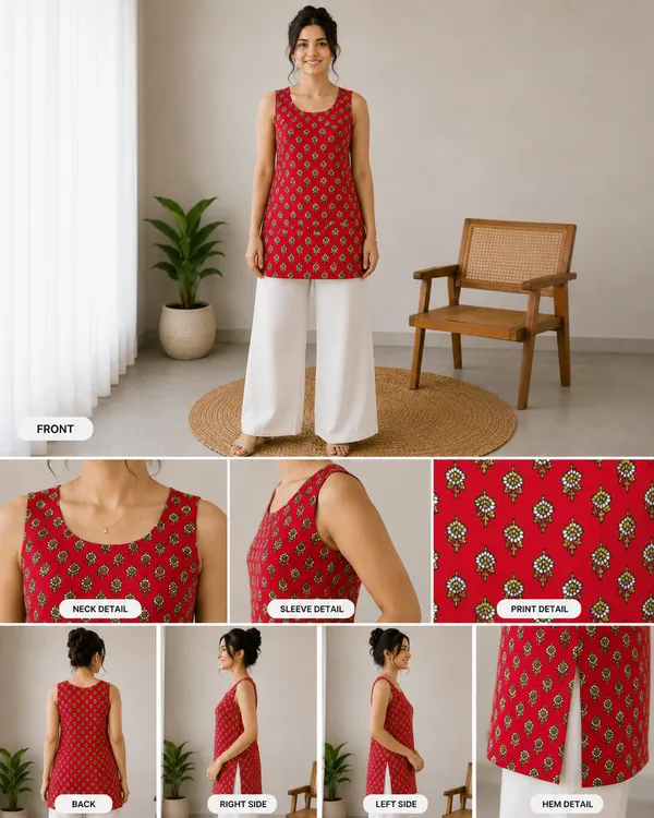 Red_Cotton_Printed_Sleeveless_Straight_Kurti_For_Women