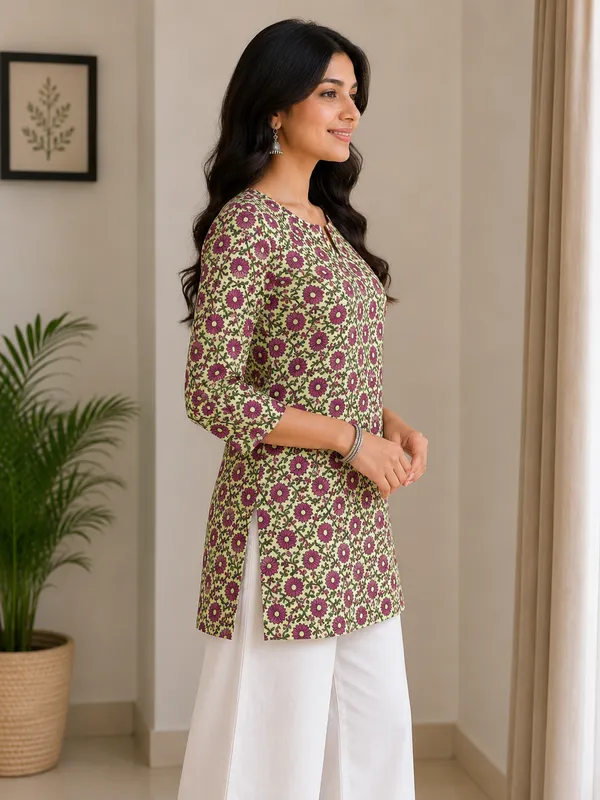 Olive_Cotton_Floral_Print_Three_Quarter_Sleeve__Short_Kurti_For_Women