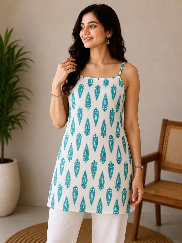 White_Cotton_Sleeveless_Straight__Short_Kurti_For_Women