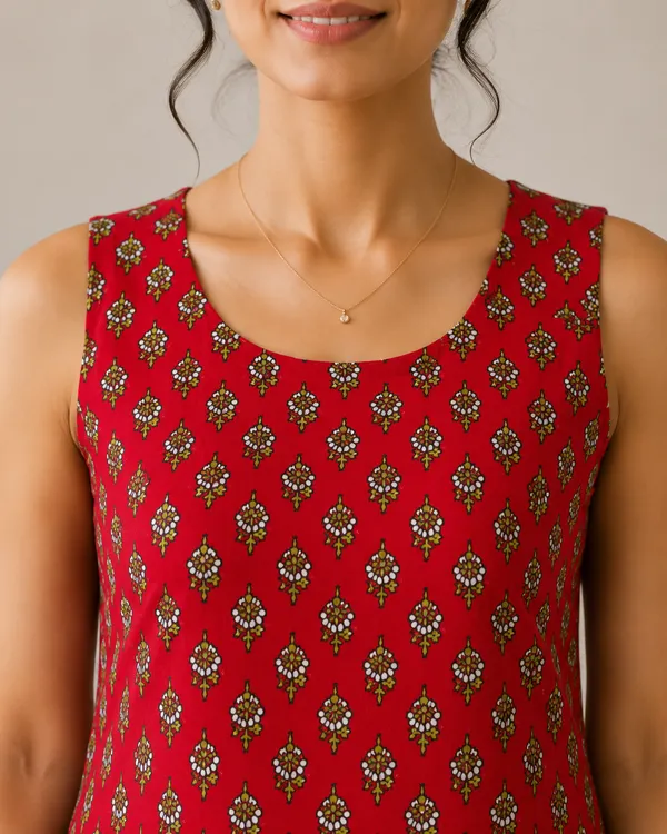 Red_Cotton_Printed_Sleeveless_Straight_Kurti_For_Women