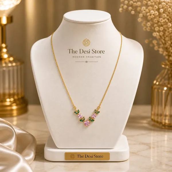 Gold_Tone_Stainless_Steel_Floral_Stone_Pendant_Necklace_For_Women