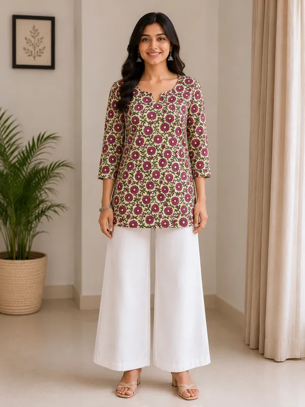 Olive_Cotton_Floral_Print_Three_Quarter_Sleeve__Short_Kurti_For_Women