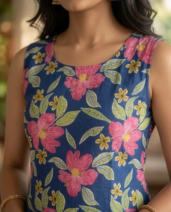 Blue_Cotton_Floral_Print_Sleeveless__Short_Kurti_For_Women