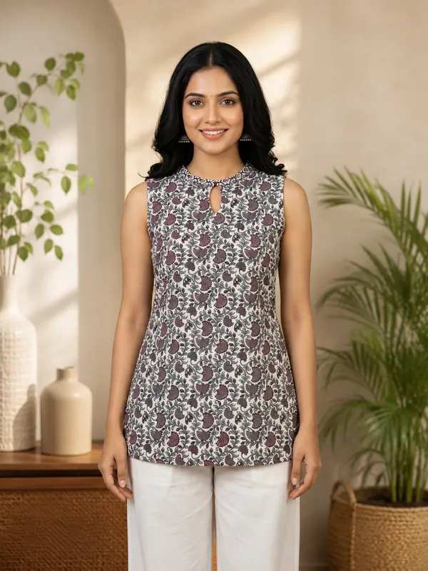 Grey_Cotton_Floral_Print_Sleeveless_Kurti_For_Women