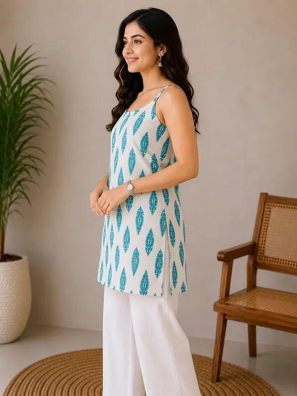 White_Cotton_Sleeveless_Straight__Short_Kurti_For_Women