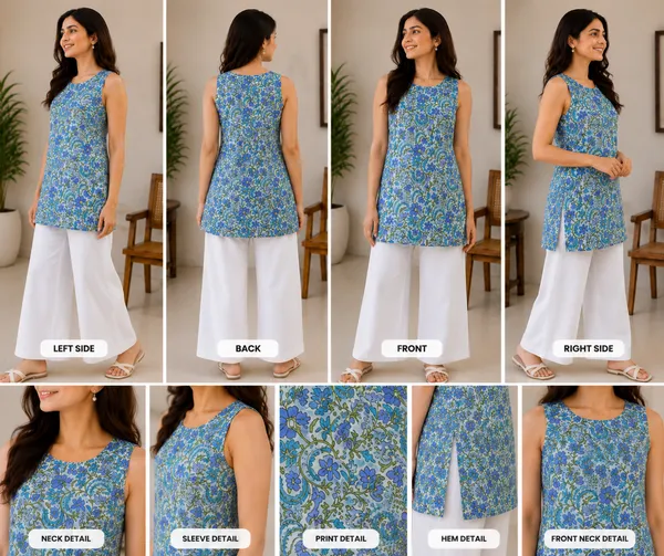 Blue_Cotton_Floral_Print_Sleeveless_Straight_Kurti_For_Women