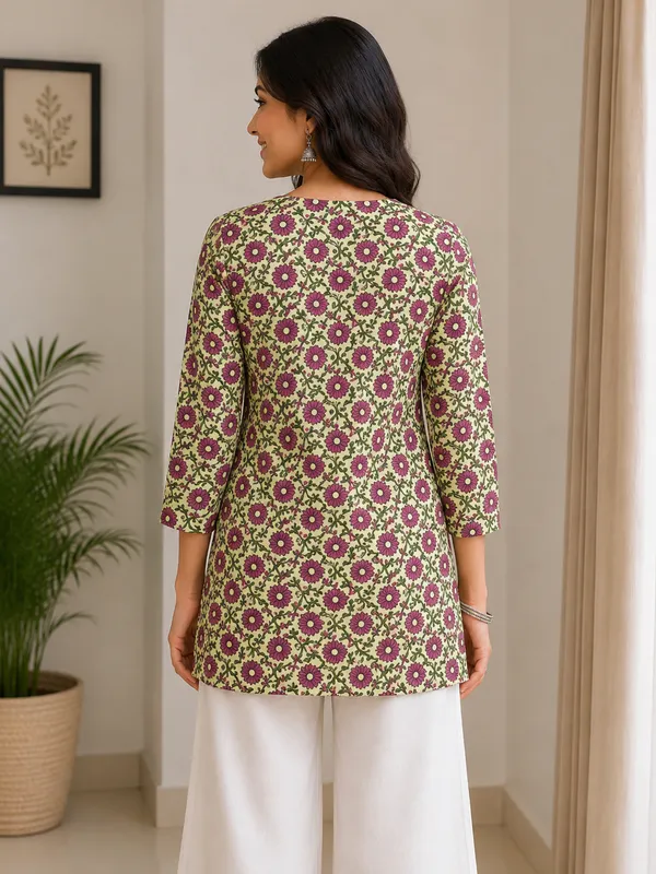 Olive_Cotton_Floral_Print_Three_Quarter_Sleeve__Short_Kurti_For_Women