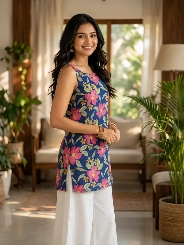 Blue_Cotton_Floral_Print_Sleeveless__Short_Kurti_For_Women