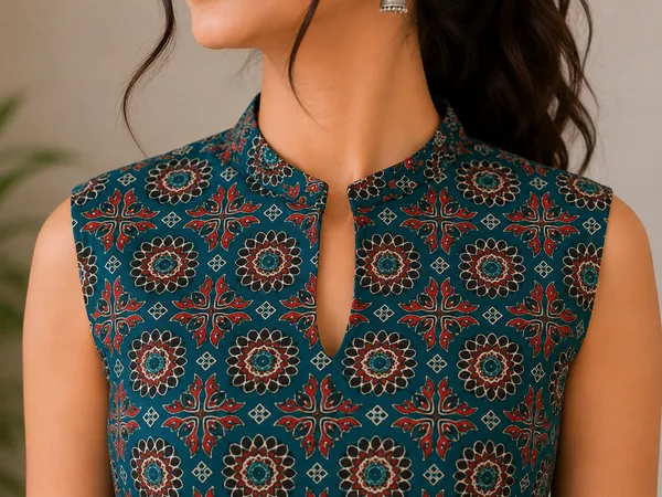 Teal_Cotton_Floral_Print_Sleeveless_Straight_Kurti_For_Women