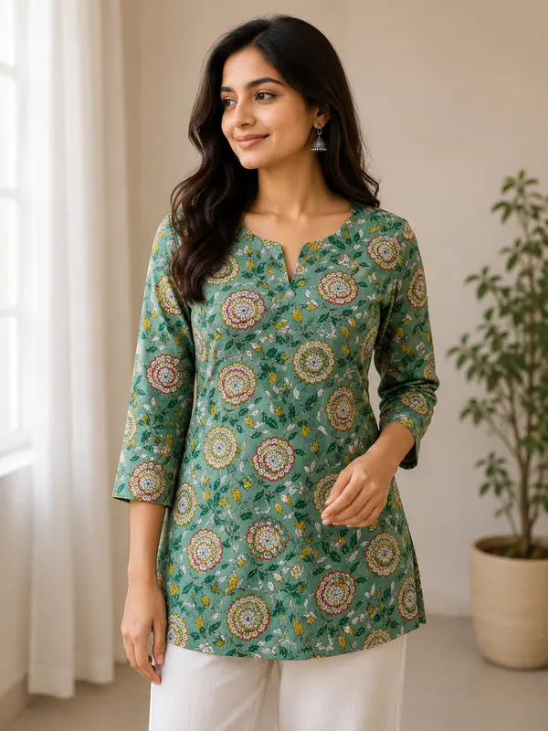 Green_Cotton_Floral_Print_Three_Quarter_Sleeve_Short_Straight_Kurti_For_Women