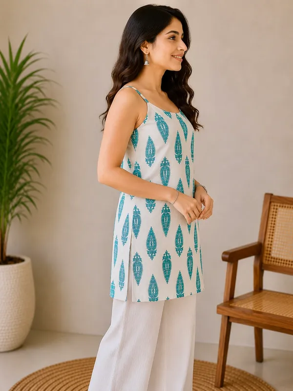 White_Cotton_Sleeveless_Straight__Short_Kurti_For_Women