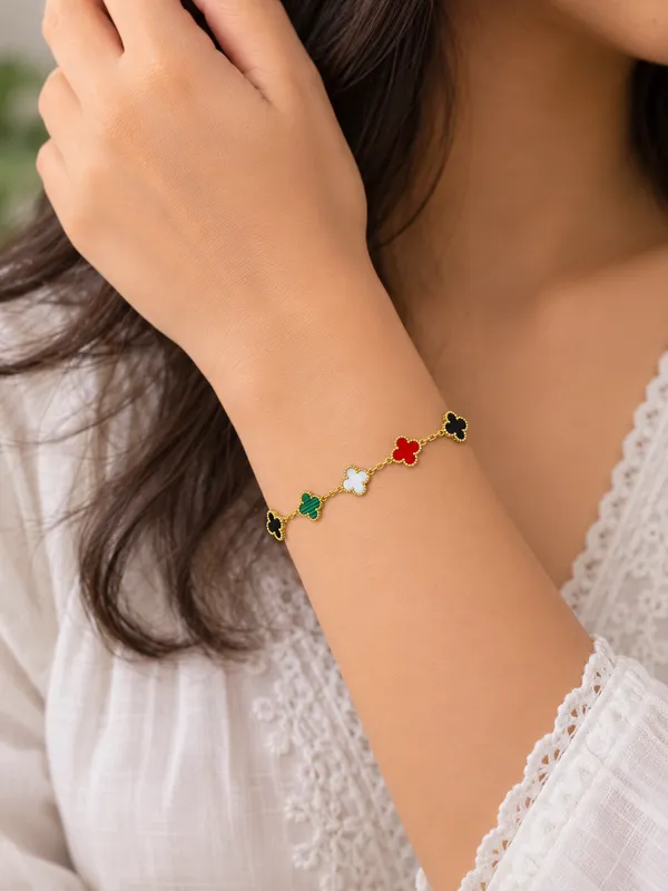 Gold_Tone_Stainless_Steel_Multicolor_Clover_Charm_Bracelet_For_Women