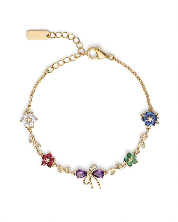 Multicolor_Flower_Bow_Bracelet_for_Women_-_Gold_Plated_Charm_Bracelet