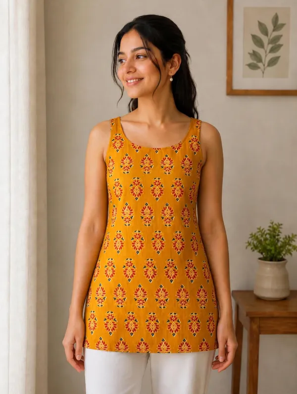 Mustard_Handblock-Style_Printed_Short_Kurti_For_Women
