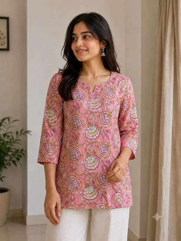Pink_Cotton_Straight_Short_Floral_Print_Kurti_For_Women