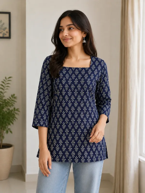 Navy_Blue_Cotton_Straight__Short_Kurti_For_Women