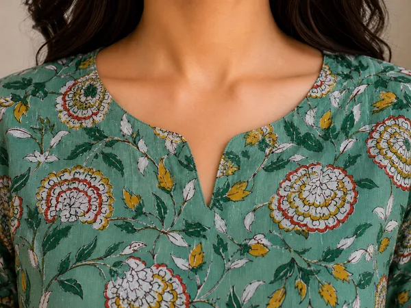 Green_Cotton_Floral_Print_Three_Quarter_Sleeve_Short_Straight_Kurti_For_Women