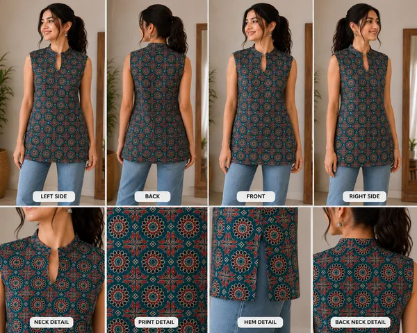 Teal_Cotton_Floral_Print_Sleeveless_Straight_Kurti_For_Women