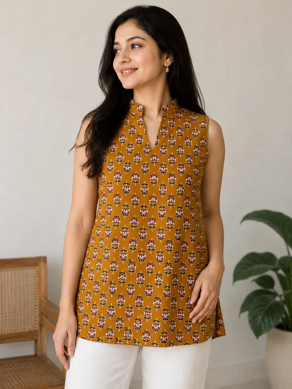 Orange_stand_collar_Short_Kurti_For_Women