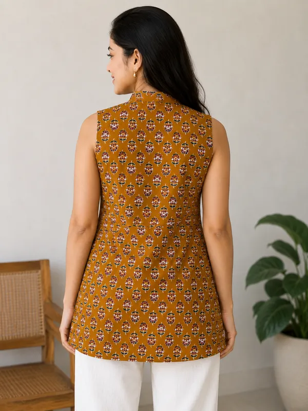 Orange_stand_collar_Short_Kurti_For_Women