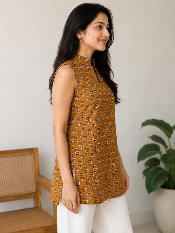 Orange_stand_collar_Short_Kurti_For_Women
