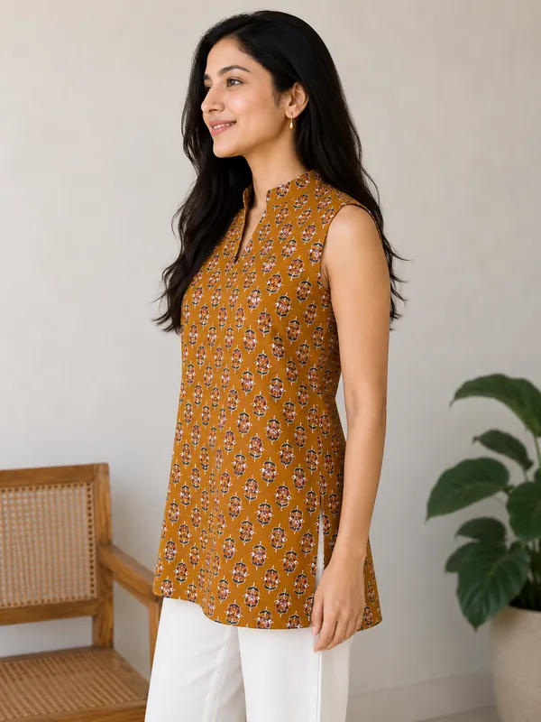 Orange_stand_collar_Short_Kurti_For_Women