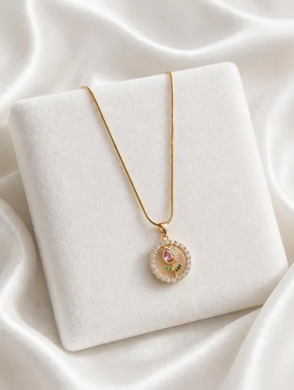 Pink_Tulip_Diamond_Circle_Pendant_Necklace_for_Women_&_Girls_-_Anti_Tarnish_Gold_Plated
