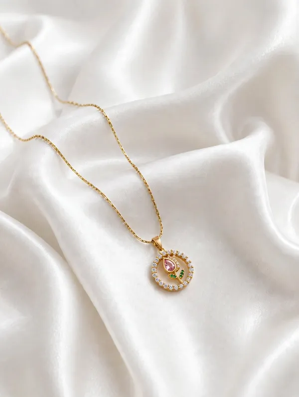 Pink_Tulip_Diamond_Circle_Pendant_Necklace_for_Women_&_Girls_-_Anti_Tarnish_Gold_Plated