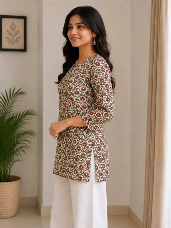 Olive_Cotton_Floral_Print_Three_Quarter_Sleeve__Short_Kurti_For_Women