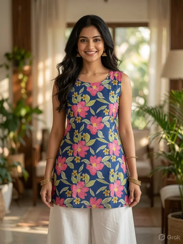 Blue_Cotton_Floral_Print_Sleeveless__Short_Kurti_For_Women