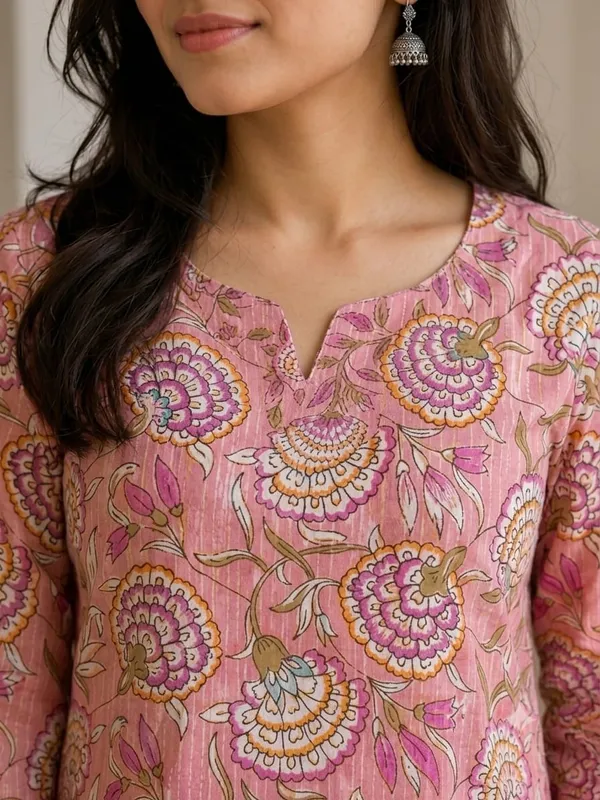 Pink_Cotton_Straight_Short_Floral_Print_Kurti_For_Women