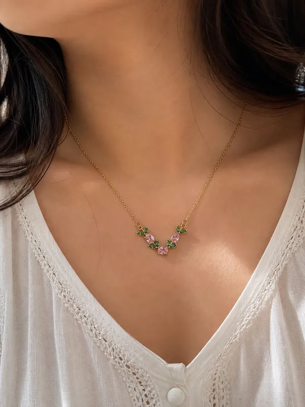 Gold_Tone_Stainless_Steel_Floral_Stone_Pendant_Necklace_For_Women