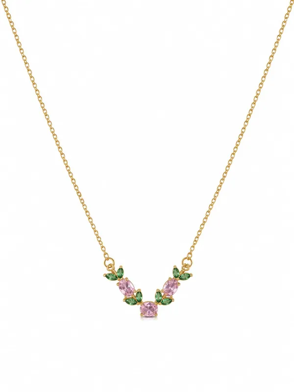 Gold_Tone_Stainless_Steel_Floral_Stone_Pendant_Necklace_For_Women